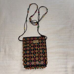 Handmade Canvas Wooden Beaded Crossbody Bag Hippie Bohemian Vacation Artsy
